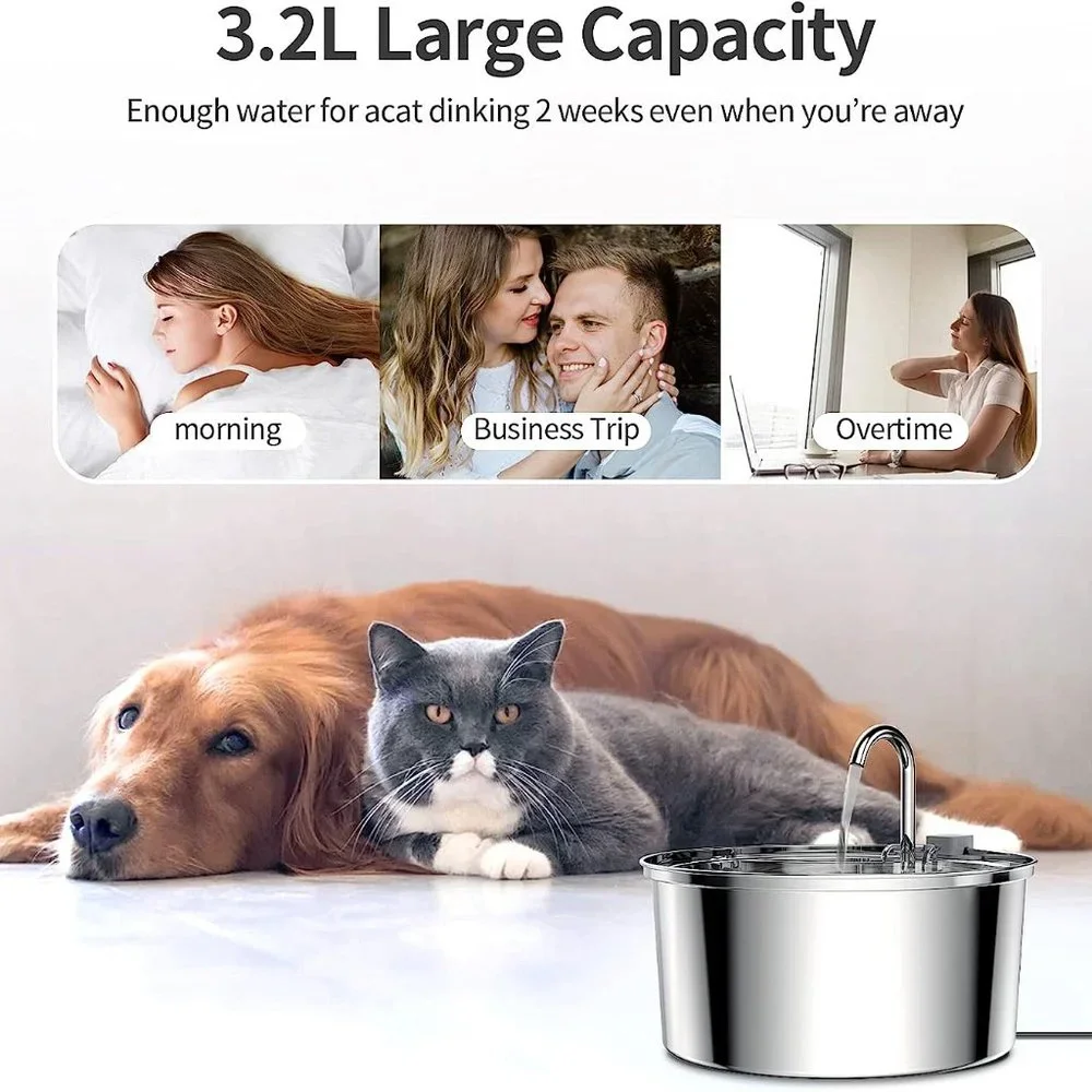 Cat Water Fountain, 3.2L108oz Automatic Stainless Steel Pet Fountain Dog Water